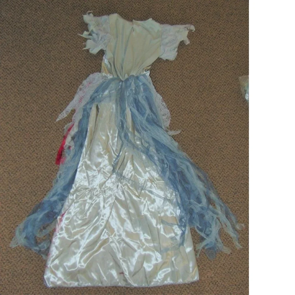 Zombie Bride Halloween Costume 12/14 Silver Maxi Dress, Veil, Bouquet 3 Pc Girls